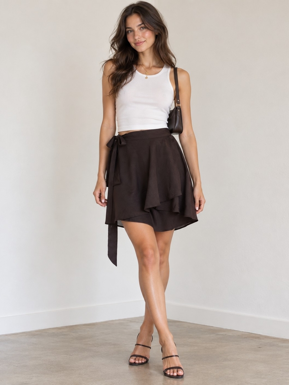 Asymmetrical Wrap Mini Skirt - Dark Brown